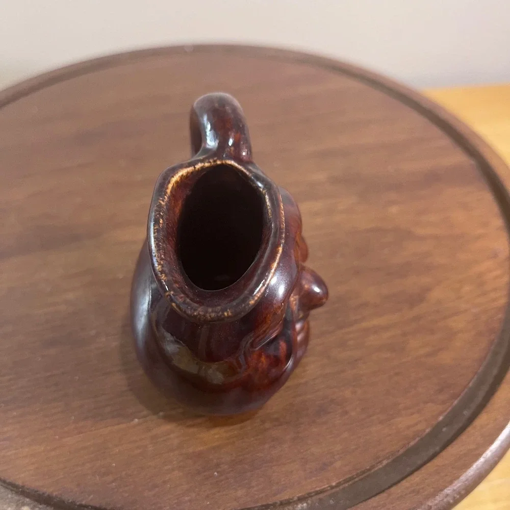 Vtg Brown Ceramic Mini Face Man Moon Jug Pitcher Drip Glaze Folk Art 3 Inch